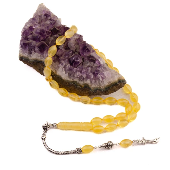 Arpa Kesim 11x7 mm Damla Kehribar Gümüş Püsküllü Tesbih 15,90 GRAM - Resim 2