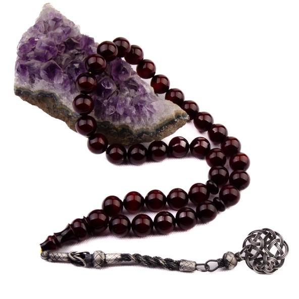 Özel Seri Osmanlı Benzetme Küre Kesim 12x12 mm Sıkma Kehribar Gümüş Püsküllü Tesbih - Resim 2