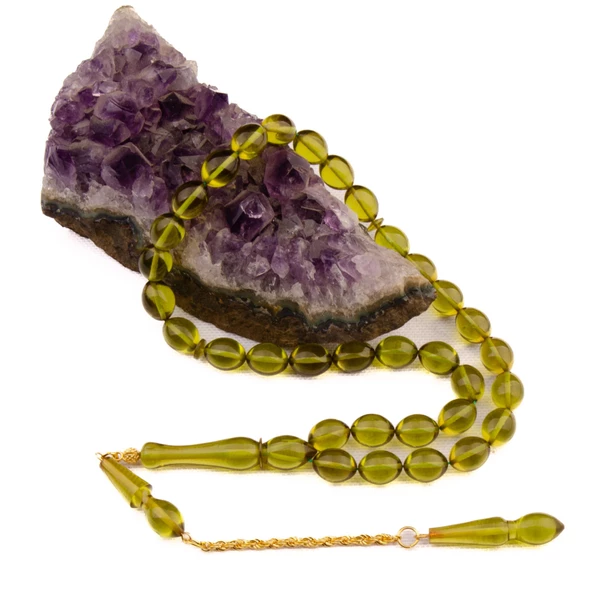 Arpa Kesim 10x8 mm Zar Kehribar Yeni Döküm Gümüş Püsküllü Tesbih - Resim 2