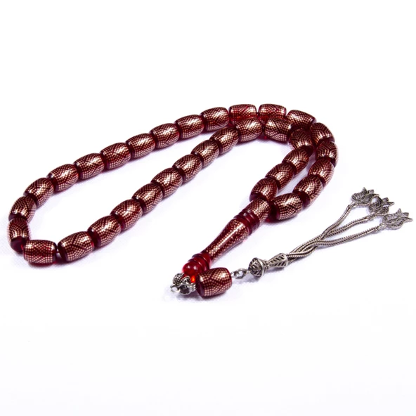 Özel Seri Fıçı Kesim  12x9 mm Bakır İşlemeli Ateş Kehribarı Gümüş Püsküllü Tesbih ürün görseli 1