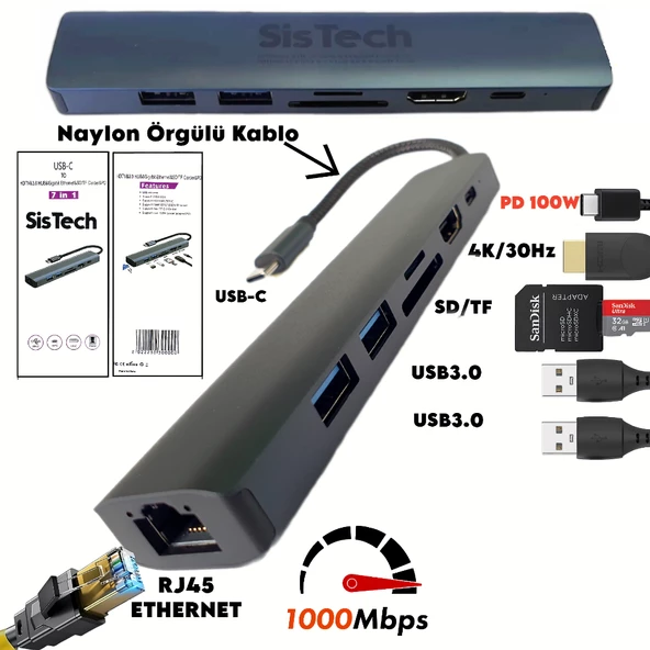 SisTech USB-C 3.0 Hub 1000Mbps Ethernet Çevirici Macbook Uyumlu 4K HDMI PD100W SD-TF Cards