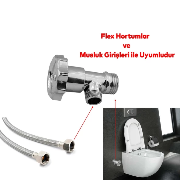 Çevirmeli Taharet Musluğu Metal Rezervuar Ara Musluk Wc Klozet Alafranga Flex Hortum Bağlantı - 3