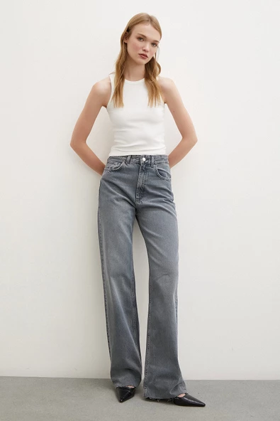 Yüksek Bel Kesik Paça Wide Leg Jean Füme - 4