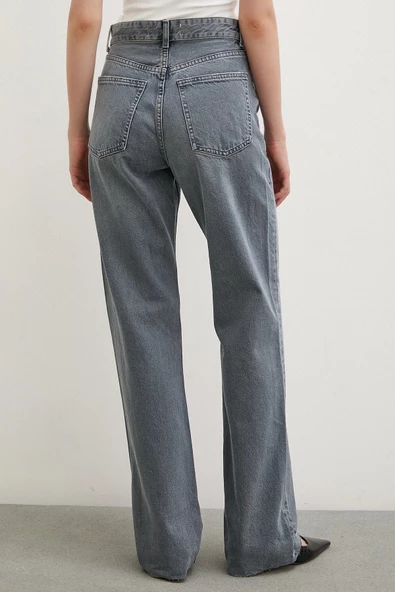 Yüksek Bel Kesik Paça Wide Leg Jean Füme - 6