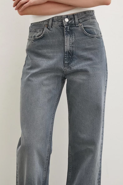 Yüksek Bel Kesik Paça Wide Leg Jean Füme - 7