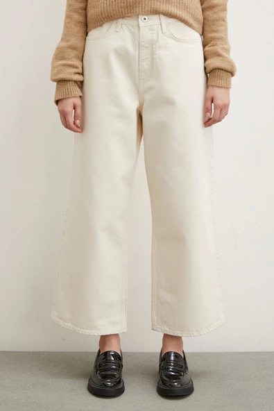 Yüksek Bel Geniş Paça Mom Jean Ekru - 4
