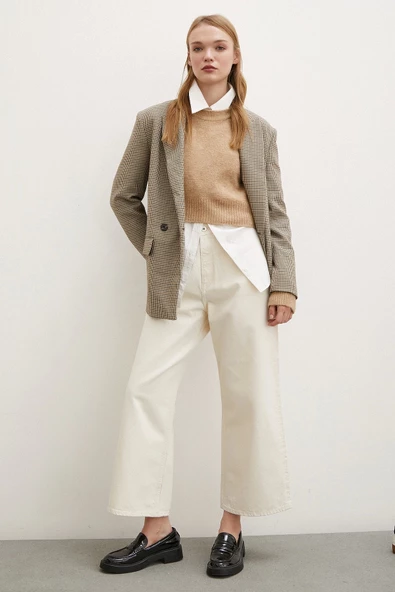 Yüksek Bel Geniş Paça Mom Jean Ekru - 3