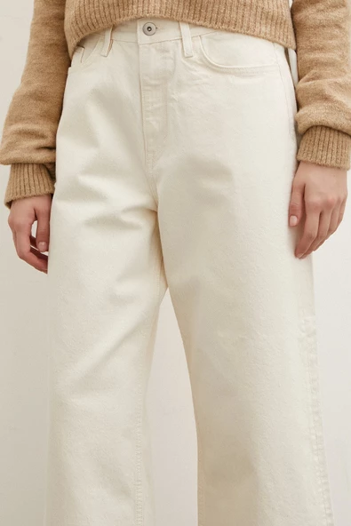 Yüksek Bel Geniş Paça Mom Jean Ekru - 5