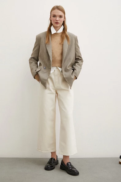 Yüksek Bel Geniş Paça Mom Jean Ekru - 2