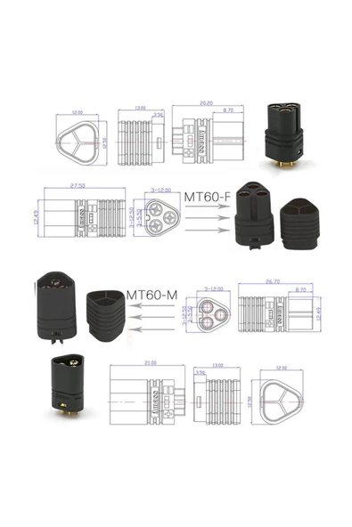 Mt60 3 Pin Dişi Erkek Konnektör Soket Çift Amass 3.5mm 12awg Rc Esc Motor Drone Lityum Lip - 8