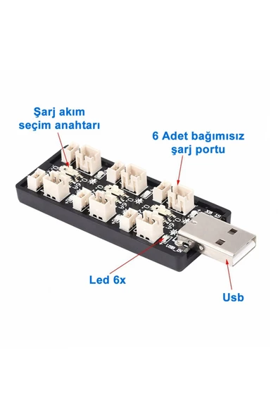 6 Kanal Usb 3.7V Lityum Pil Şarj Kartı 0.6A / 0.2A 2mm ve 1.25mm Jst-Ph Soket RC Oyuncak - Resim 3