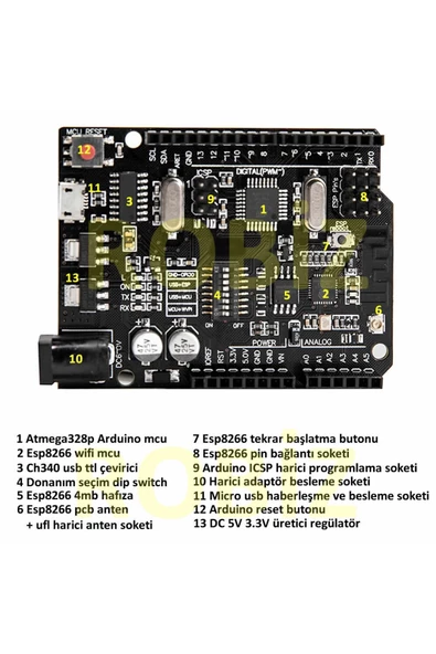 Arduino Uno R3 Wifi Esp8266 Ch340 Micro Usb 32mbit Kablosuz Internet Kod Geliştirme Eğitim Kartı - 8