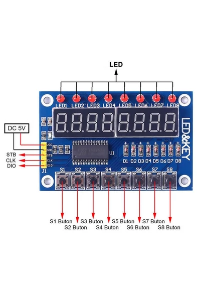 Tm1638 Modül 8 Hane 7 Segment Ekran 8x Kırmızı Led 8x Kullanıcı Butonu Dijital Display Gösterge - Resim 4