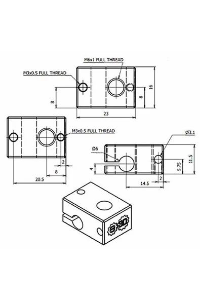 V6 3d Yazıcı Alüminyum Extruder Isıtıcı Blok 1.75 / 3.0mm Filament Uyumlu 6mm Isıtıcı Yuva - Resim 8