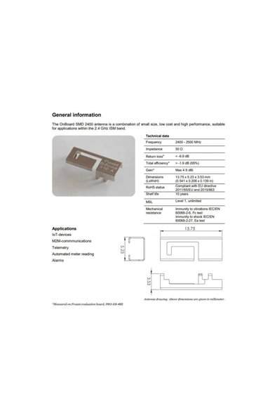 Pro-ob-440 2.4ghz 4,9dbi Rf Smd Anten 2400mhz Bluetooth - 8