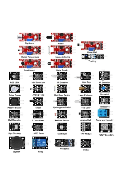 Arduino 37 Parça Sensör Seti Sıcaklık Nem Işık Ses Renk Alev Nabız Manyetik Titreşim Lazer Ir Buton - Resim 2