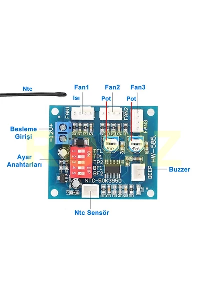 3 Kanal Dc 12V 4A Pwm Fan Hız Kontrol Hw585 Otomatik Sıcaklık Kontrol Ntc Sensör Buzzer Uyarı Pc - Resim 4