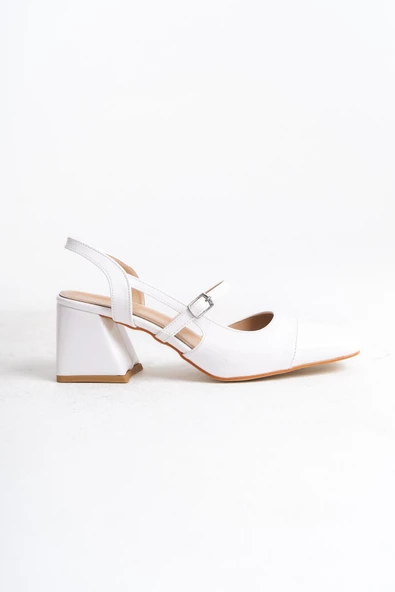 Tenba Beyaz Rugan Mary Jane Kalın Topuklu Küt Burun Bantlı Ayakkabı - Resim 4