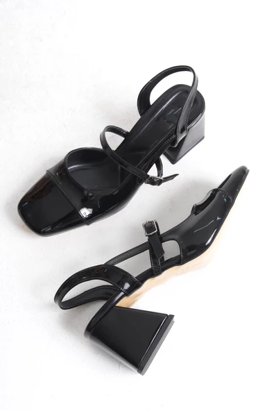 Tenba Siyah Rugan Mary Jane Kalın Topuklu Küt Burun Bantlı Ayakkabı - 2