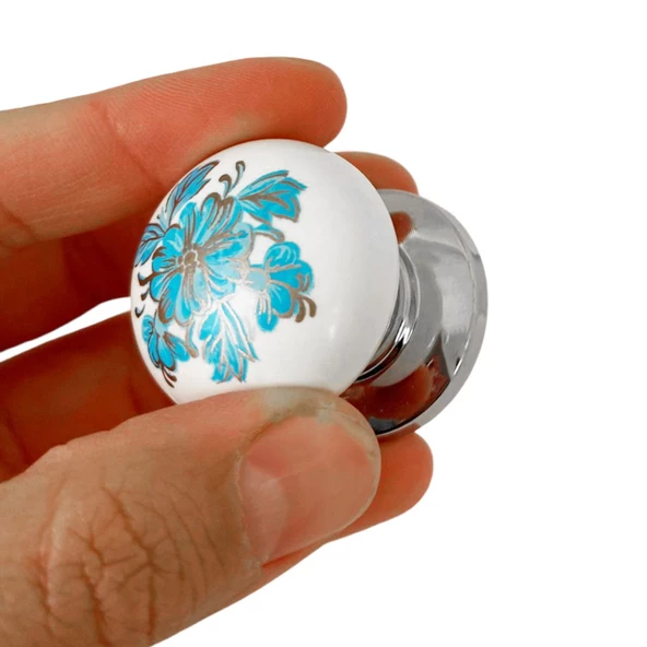 8 Adet Mavi Beyaz Ortanca Çiçek Desenli Krom Tablalı Polimer Düğme Kulp Mobilya Mutfak Dolabı Çekmece Kulbu Kulpları - Resim 4