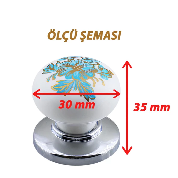 8 Adet Mavi Beyaz Ortanca Çiçek Desenli Krom Tablalı Polimer Düğme Kulp Mobilya Mutfak Dolabı Çekmece Kulbu Kulpları - Resim 2
