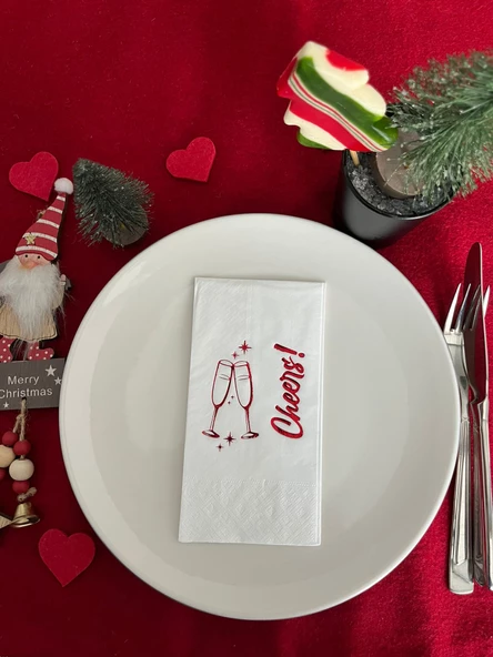 Kırmızı Yaldızlı Beyaz Yılbaşı Cheers Peçete 16 lı