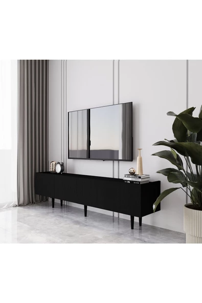 Enwood Capella Siyah Country Mdf 4 Kapaklı Ahşap Ayaklı 180 Cm Tv Ünitesi - 2