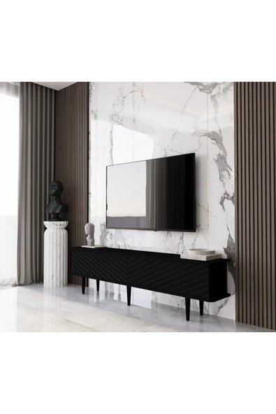 Enwood Pollux Country Mdf Siyah 2 Kapaklı Ahşap Ayaklı 140 Cm Tv Ünitesi