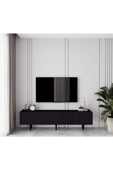 Enwood Capella Siyah Country Mdf 4 Kapaklı Ahşap Ayaklı 160 Cm Tv Ünitesi