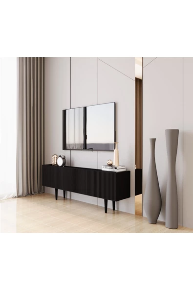 Enwood Capella Siyah Country Mdf 3 Kapaklı Ahşap Ayaklı 140 Cm Tv Ünitesi - 2