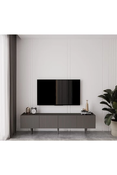 Enwood Capella Gri Mdf Country 4 Kapaklı Ahşap Ayaklı 160 Cm Tv Ünitesi