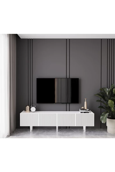 Enwood Capella Beyaz Country Mdf 4 Kapaklı Ahşap Ayaklı 180 Cm Tv Ünitesi