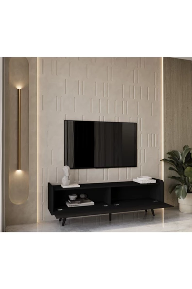 Enwood Rigel Country Siyah Mdf 2 Kapaklı Düşme Kapak Ahşap Ayaklı 180 cm  Tv Ünitesi - 2