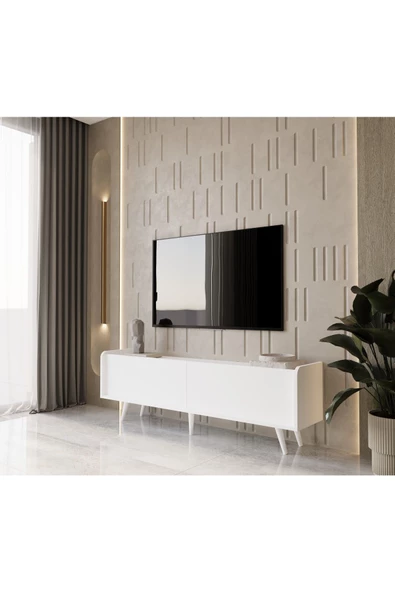 Enwood RİGEL COUNTRY BEYAZ MDF 2 KAPAKLI (DÜŞME KAPAK) AHŞAP AYAKLI 180 CM TV ÜNİTESİ