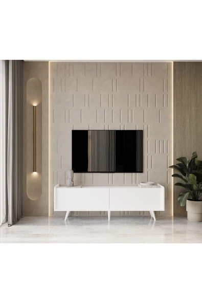 Enwood RİGEL COUNTRY BEYAZ MDF 2 KAPAKLI (DÜŞME KAPAK) AHŞAP AYAKLI 160 CM TV ÜNİTESİ - 3