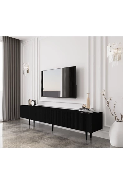Enwood Capella Country Siyah Mdf 5 Kapaklı Ahşap Ayaklı 200 Cm Tv Ünitesi - 2