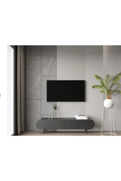 Enwood Regulus Siyah Mdf 2 Kapaklı Ahşap Ayaklı 160 Cm Modern Tv Ünitesi