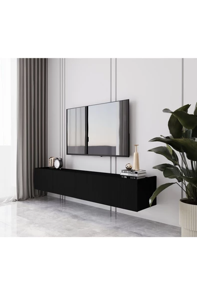 Enwood Capella Siyah Country Mdf 4 Kapaklı Duvara Monte 160 Cm Tv Ünitesi - 2