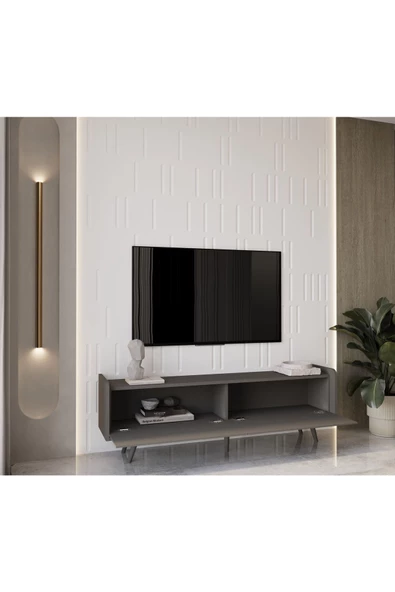 Enwood RİGEL GRİ MDF 2 KAPAKLI (DÜŞME KAPAK) AHŞAP AYAKLI 160 CM COUNTRY TV ÜNİTESİ - 2