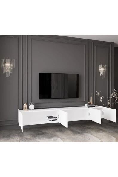 Enwood Capella Country Beyaz Mdf 5 Kapaklı Duvara Monte 200 Cm Tv Ünitesi - 3