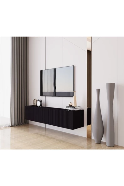 Enwood Capella Siyah Country Mdf 3 Kapaklı Duvara Monte 140 Cm Tv Ünitesi - 2