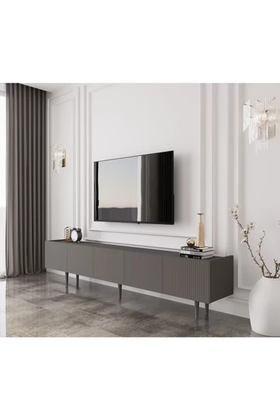 Enwood Capella Gri Mdf Country 5 Kapaklı Ahşap Ayaklı 200 Cm Tv Ünitesi - 2