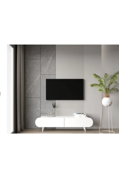 Enwood Regulus Beyaz Mdf 2 Kapaklı Ahşap Ayaklı 160 Cm Modern Tv Ünitesi