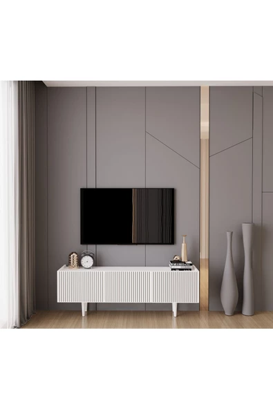 Enwood Capella Beyaz Country Mdf 3 Kapaklı Ahşap Ayaklı 140 Cm Tv Ünitesi