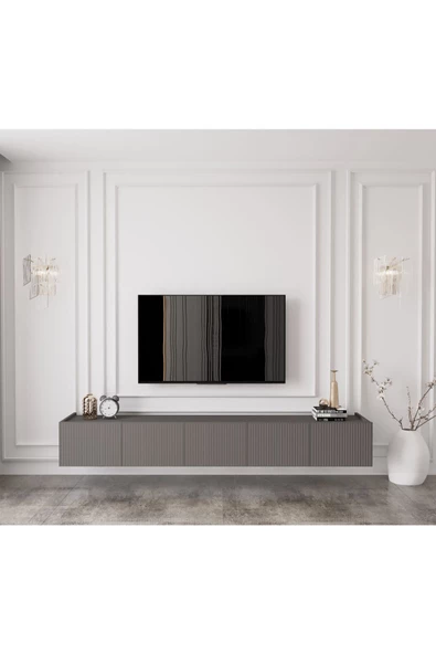 Enwood Capella Gri Mdf Country 5 Kapaklı DUVARA MONTE 200 Cm Tv Ünitesi