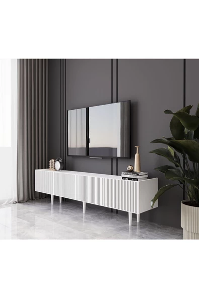 Enwood Capella Beyaz Country Mdf 4 Kapaklı Ahşap Ayaklı 180 Cm Tv Ünitesi - 2