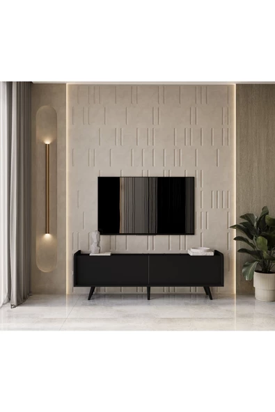 Enwood Rigel Country Siyah Mdf 2 Kapaklı Düşme Kapak Ahşap Ayaklı 180 cm  Tv Ünitesi - 3