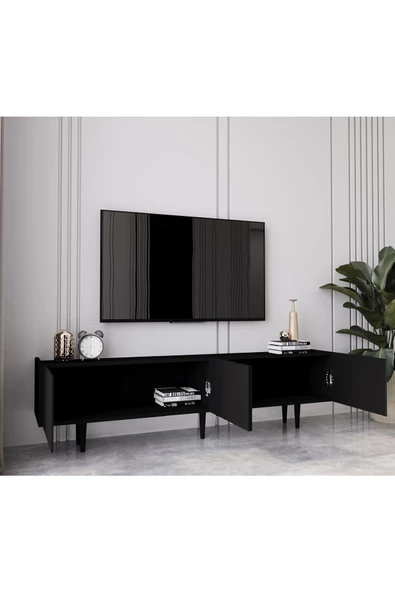 Enwood Capella Siyah Country Mdf 4 Kapaklı Ahşap Ayaklı 180 Cm Tv Ünitesi - 3