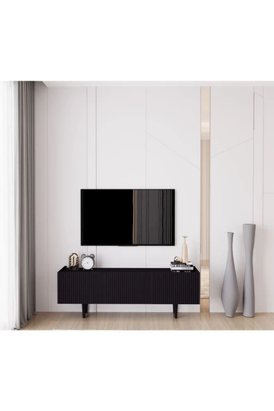 Enwood Capella Siyah Country Mdf 3 Kapaklı Ahşap Ayaklı 140 Cm Tv Ünitesi