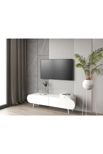 Enwood Regulus Beyaz Mdf 2 Kapaklı Ahşap Ayaklı 140 Cm Modern Tv Ünitesi